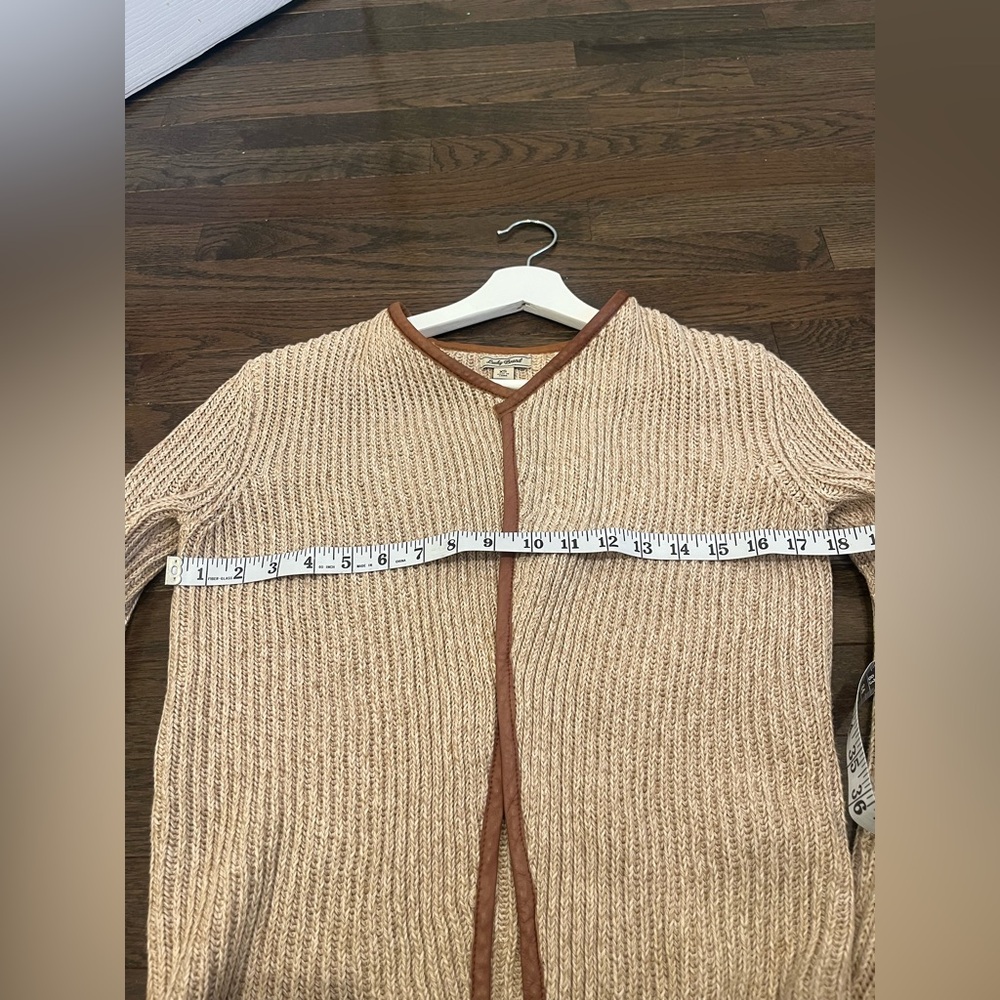 Lucky Brand XS Brown Faux-Leather Trim Cotton Knit Open Front Cardigan earthy - Picture 6 of 9